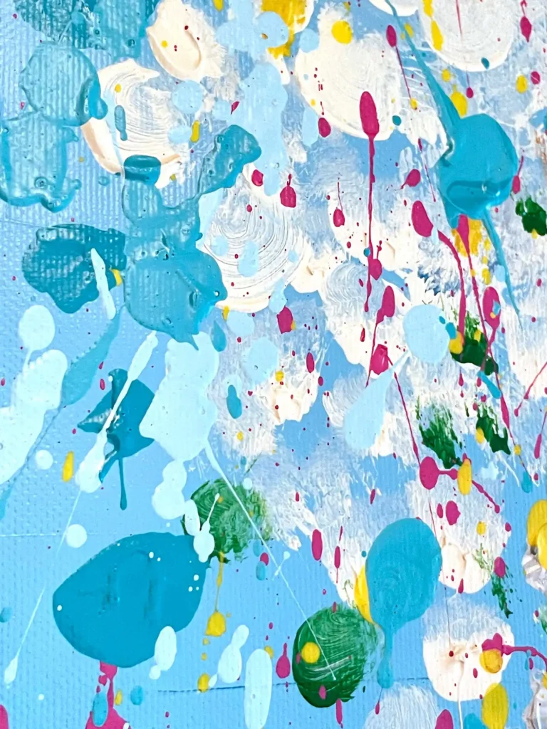 Light Escape painting detail – turquoise, white and multicolor abstract bloom textures