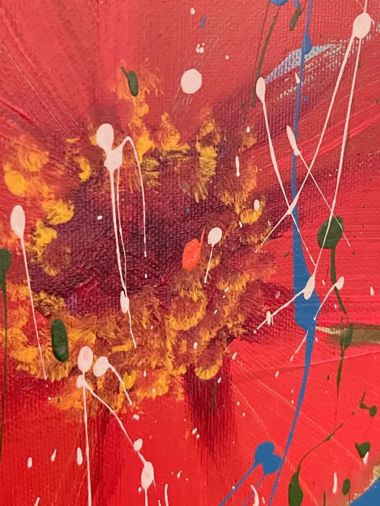 Red Blossoms detail view – expressive paint layers and abstract flower forms
