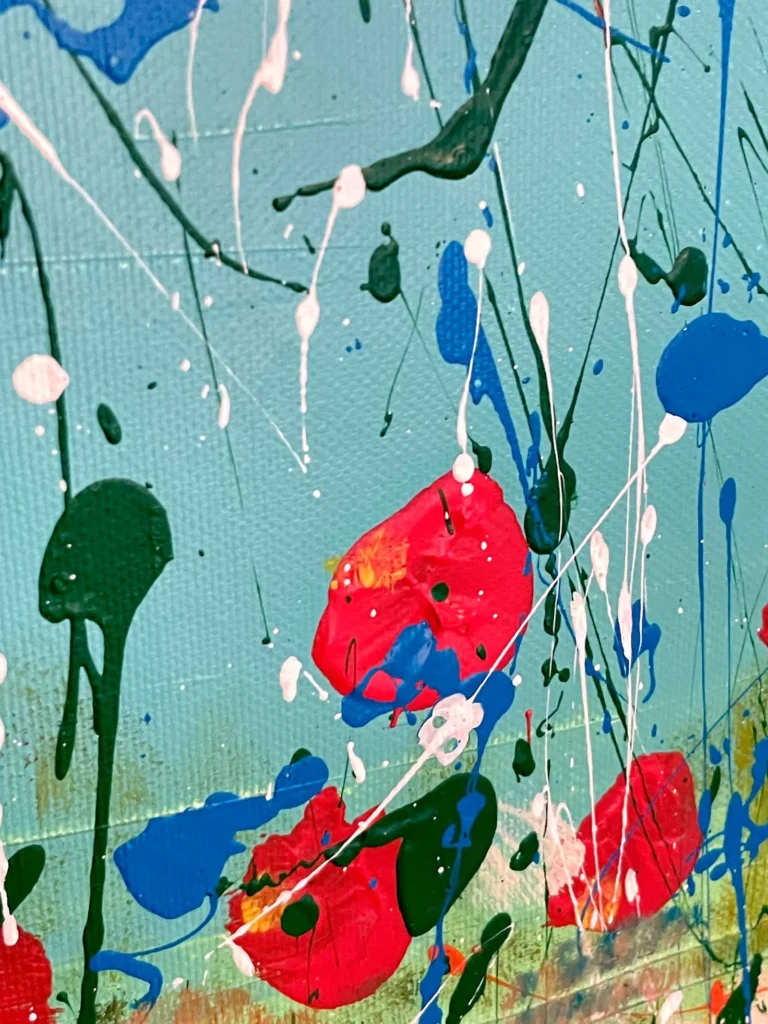 Red Blossoms macro detail – red petals, multicolor splashes and textured brushwork