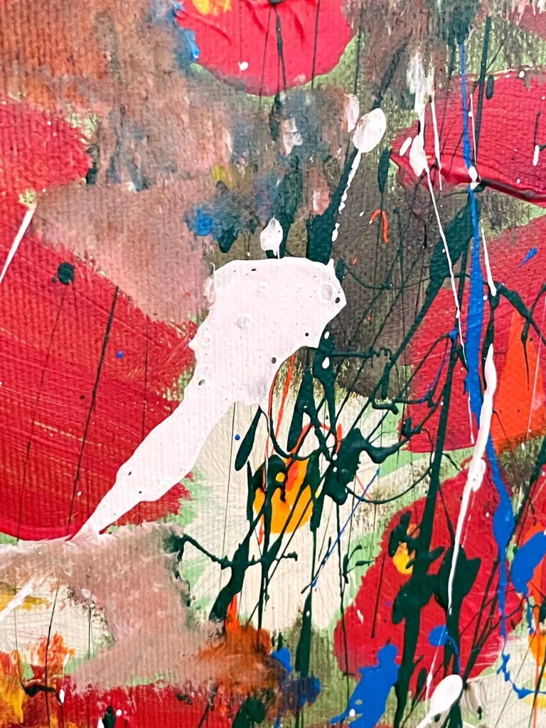 Red Blossoms painting detail – bold red flowers and dynamic abstract marks