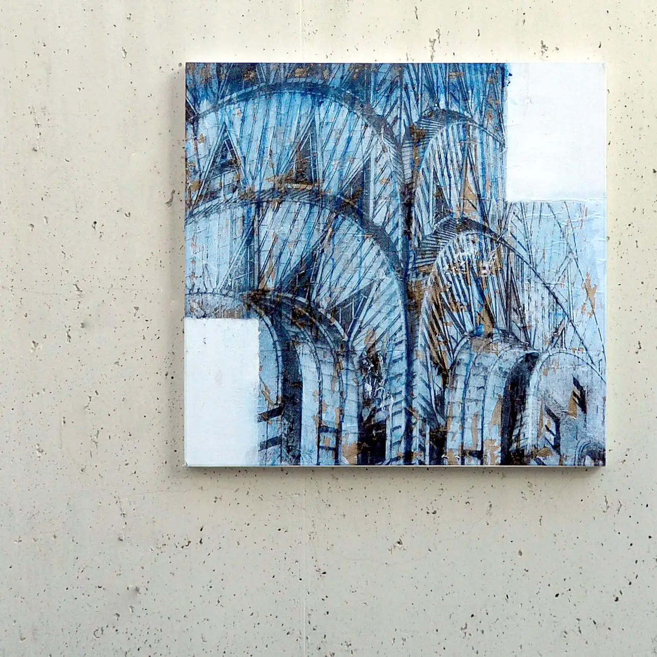 Visionary contemporary artist abstract architectural artwork in blue tones