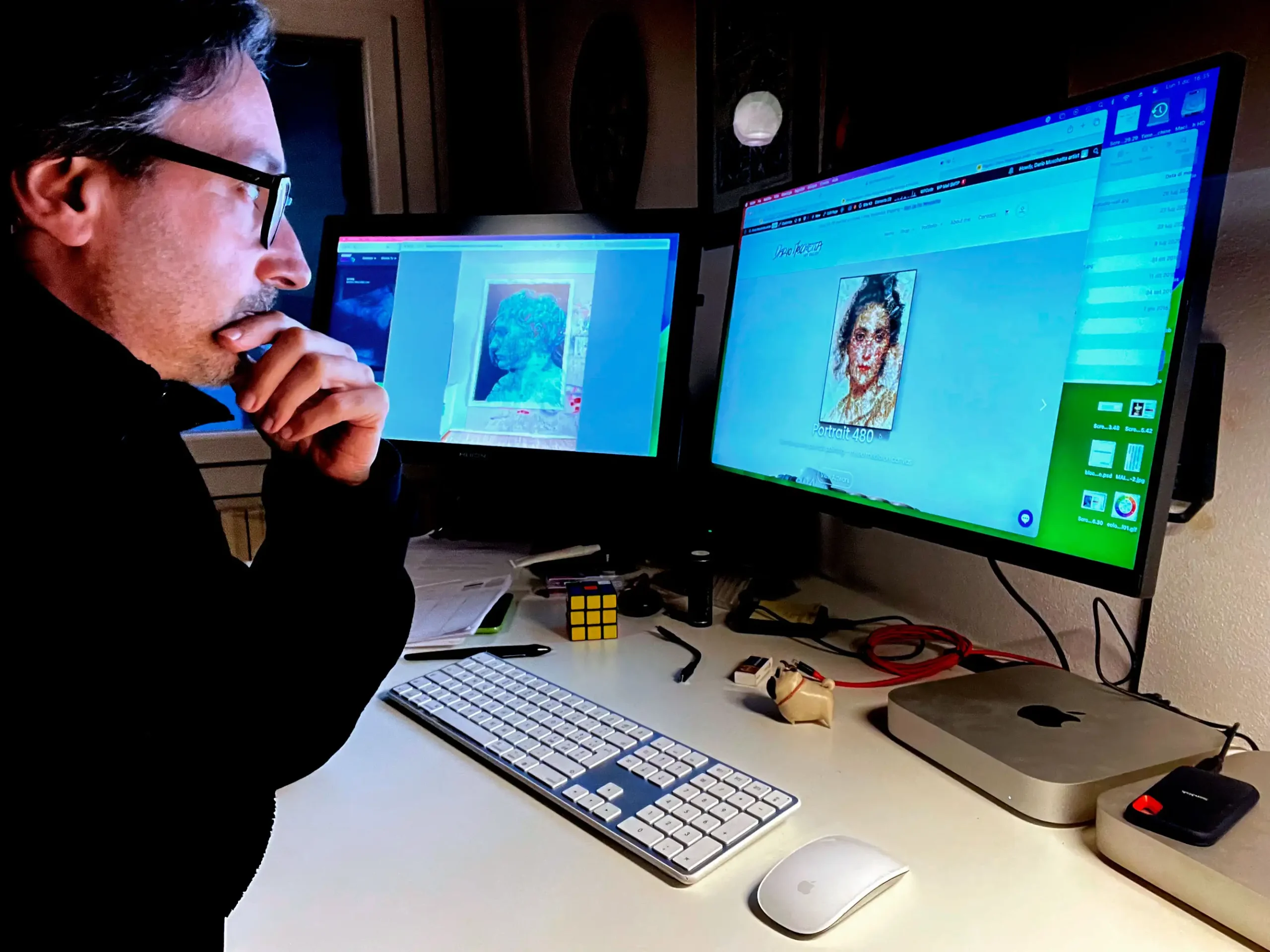 Behind-the-scenes view of a visionary contemporary artist managing his digital art platform and workflow