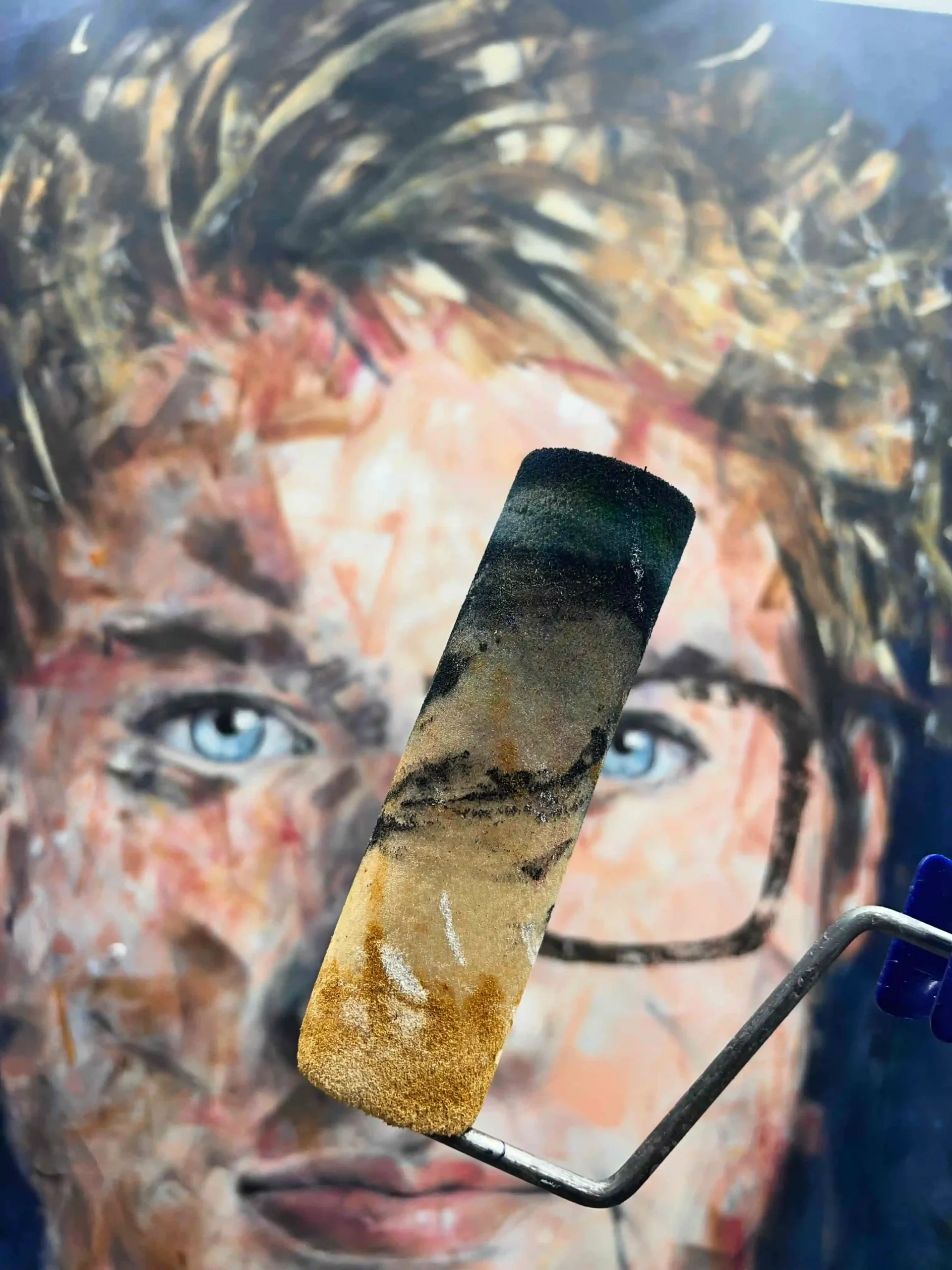 Visionary contemporary artist mixed media painting process using roller texture techniques