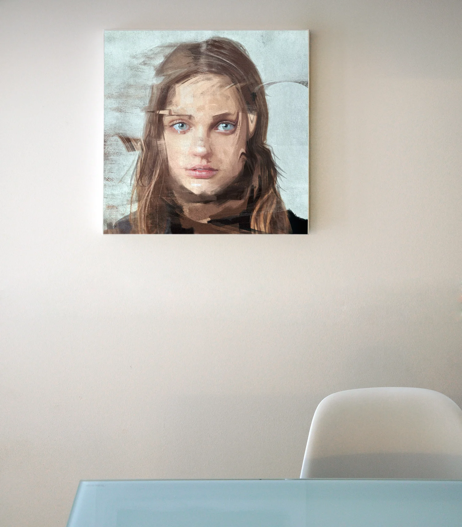 Visionary contemporary artist portrait artwork displayed in a refined interior