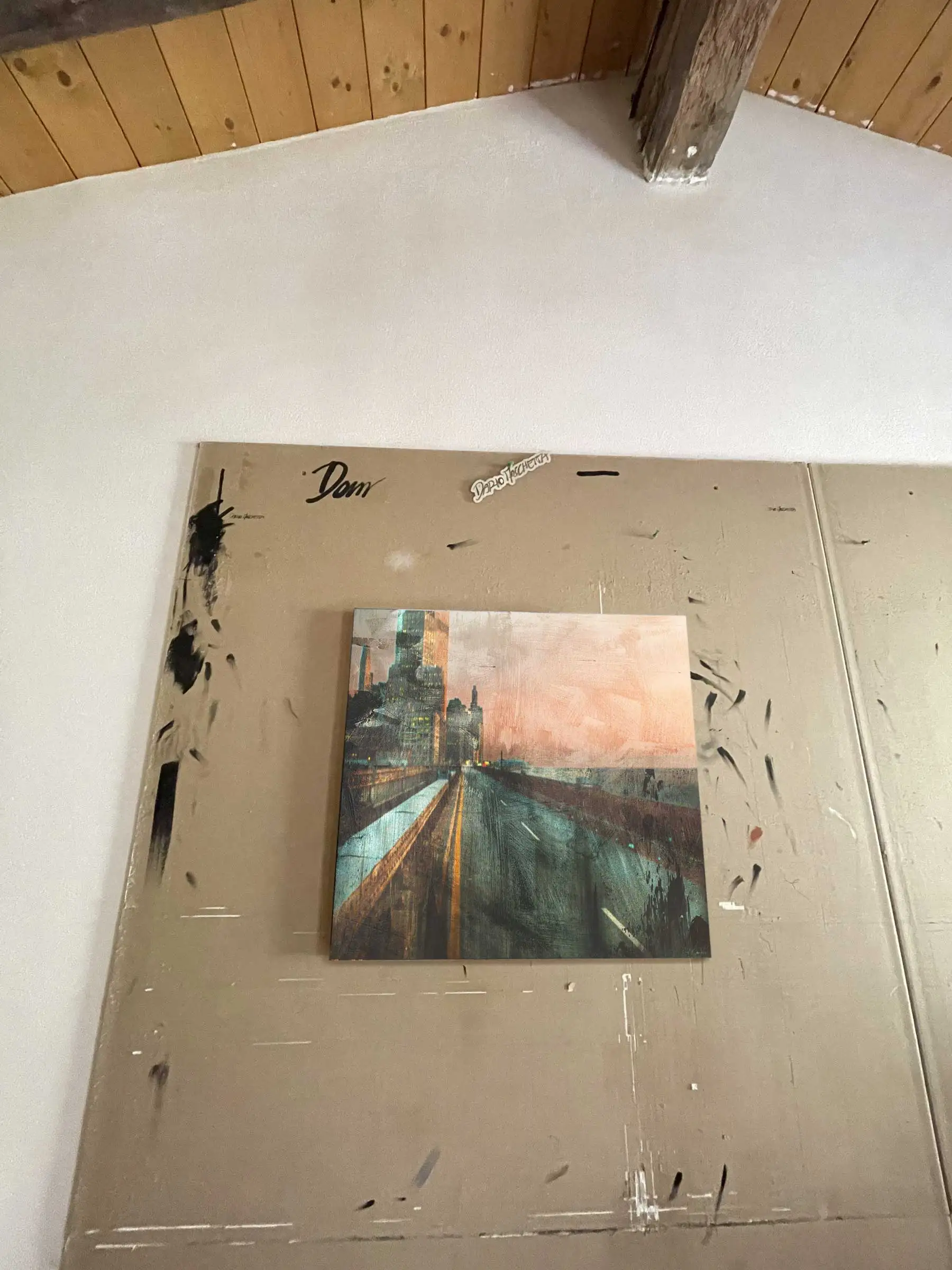 Visionary contemporary artist urban landscape artwork photographed in studio environment