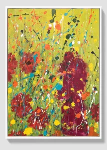 Original acrylic painting auction - Blooming Glow abstract floral art on yellow background by Dario Moschetta, 48x67cm