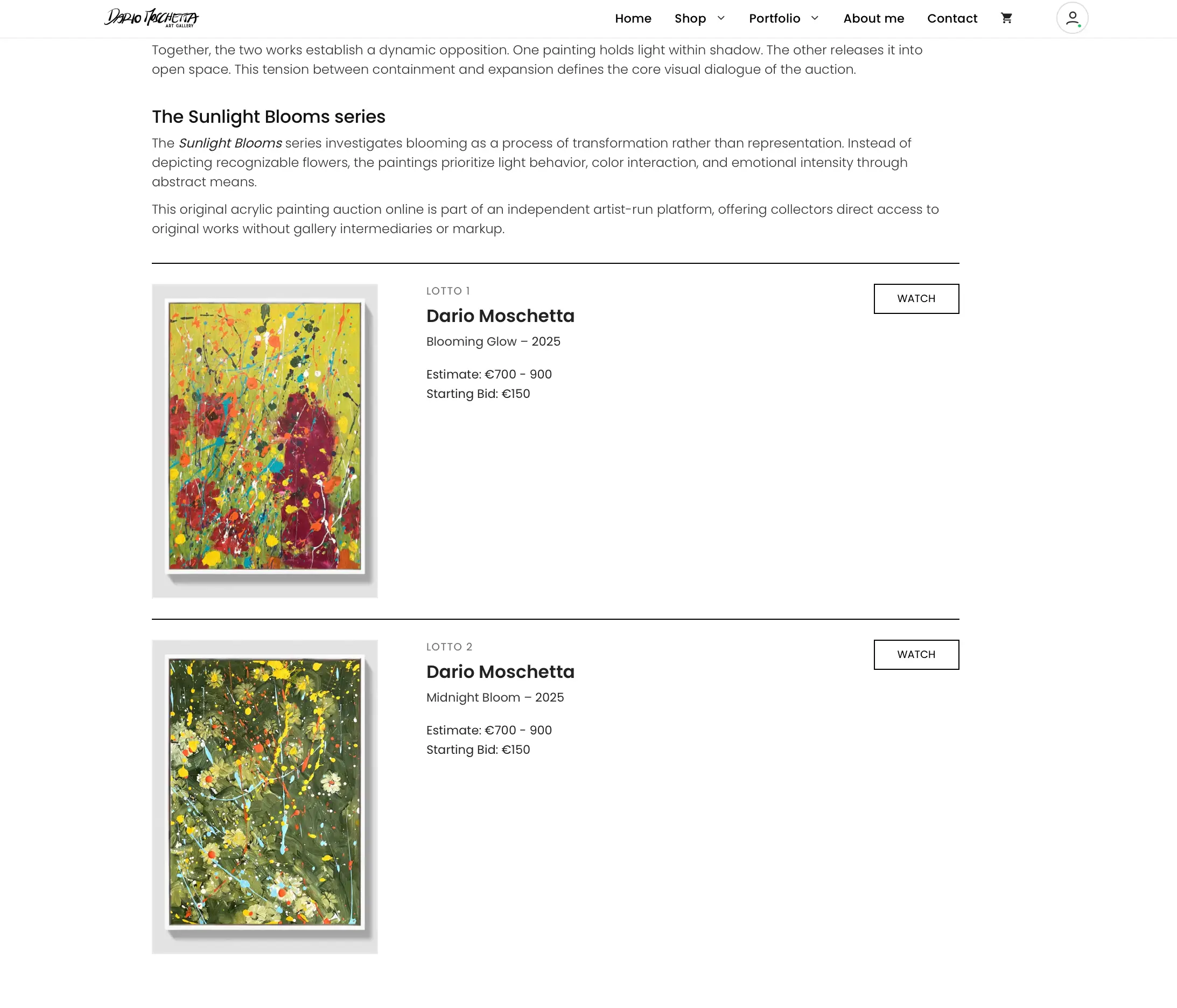 Artist-run contemporary art auction showcasing original abstract paintings on an independent platform