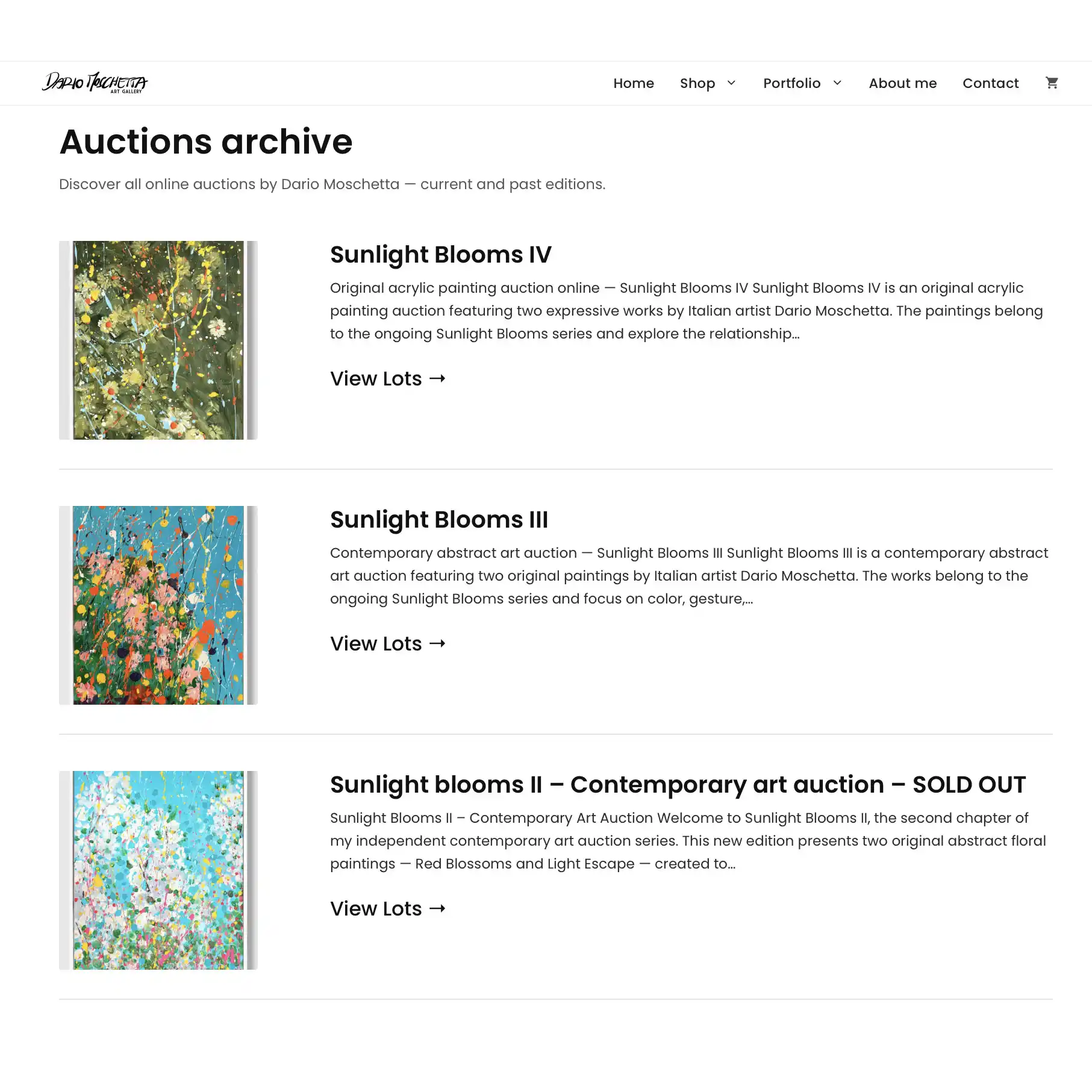 Online archive of contemporary art auctions by Dario Moschetta, showing market structure and editions