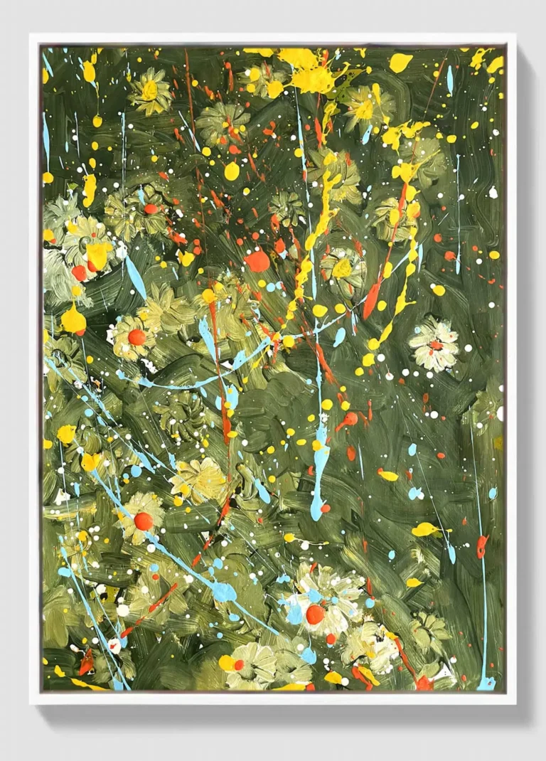 Original acrylic painting auction - Midnight Bloom abstract floral art on green background by Dario Moschetta, 48x67cm