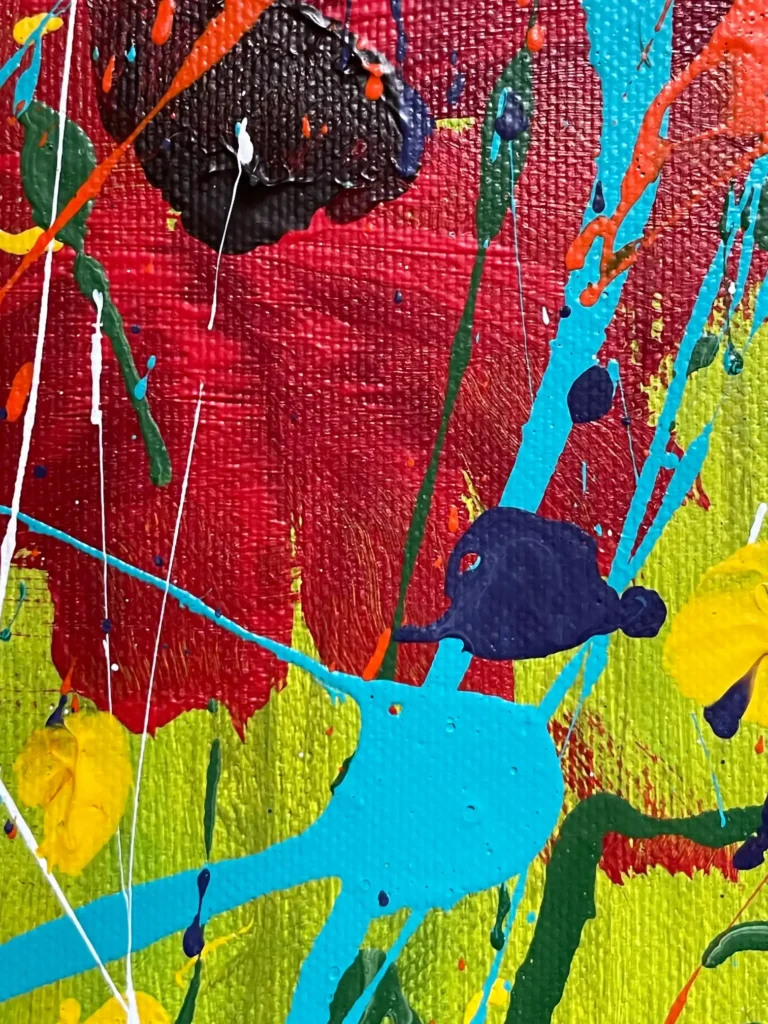 Detail of Blooming Glow original acrylic painting auction lot showing layered texture and vibrant color