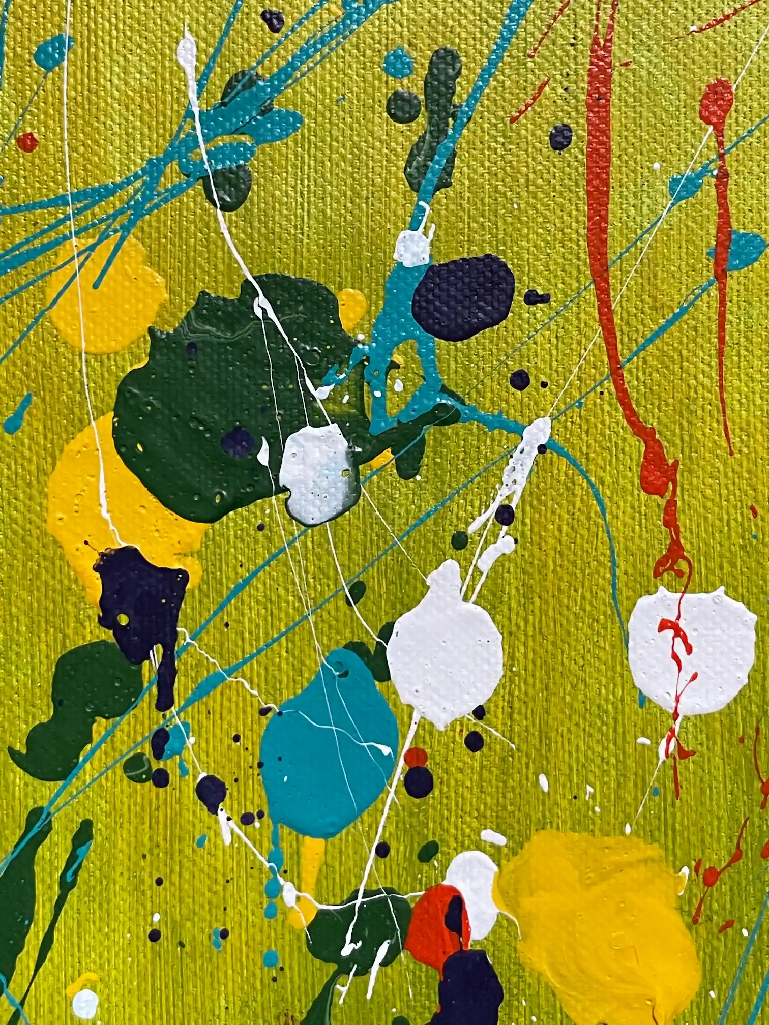 Close-up detail of Blooming Glow original acrylic painting auction lot with expressive acrylic splashes