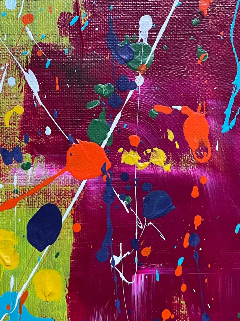 Macro detail of Blooming Glow original acrylic painting auction lot highlighting canvas texture