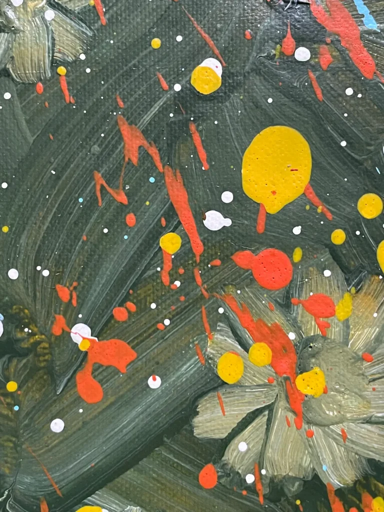 Detail of Midnight Bloom original acrylic painting auction lot showing dark floral forms and layered brushwork