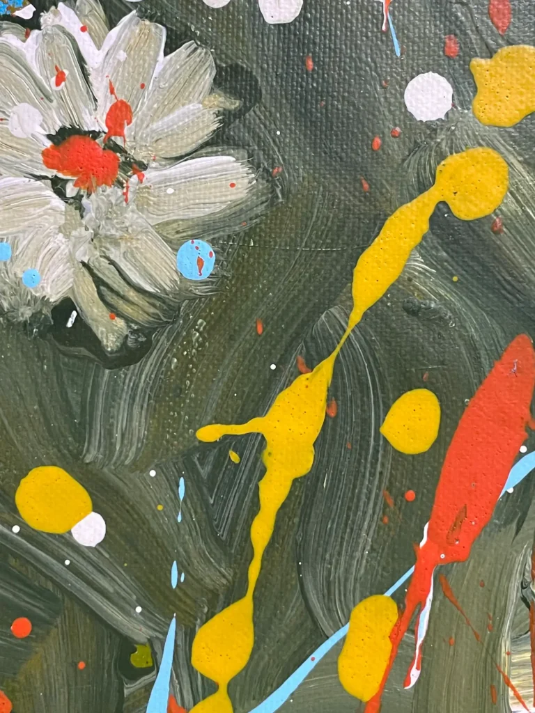 Close-up detail of Midnight Bloom original acrylic painting auction lot with expressive drips and nocturnal tones