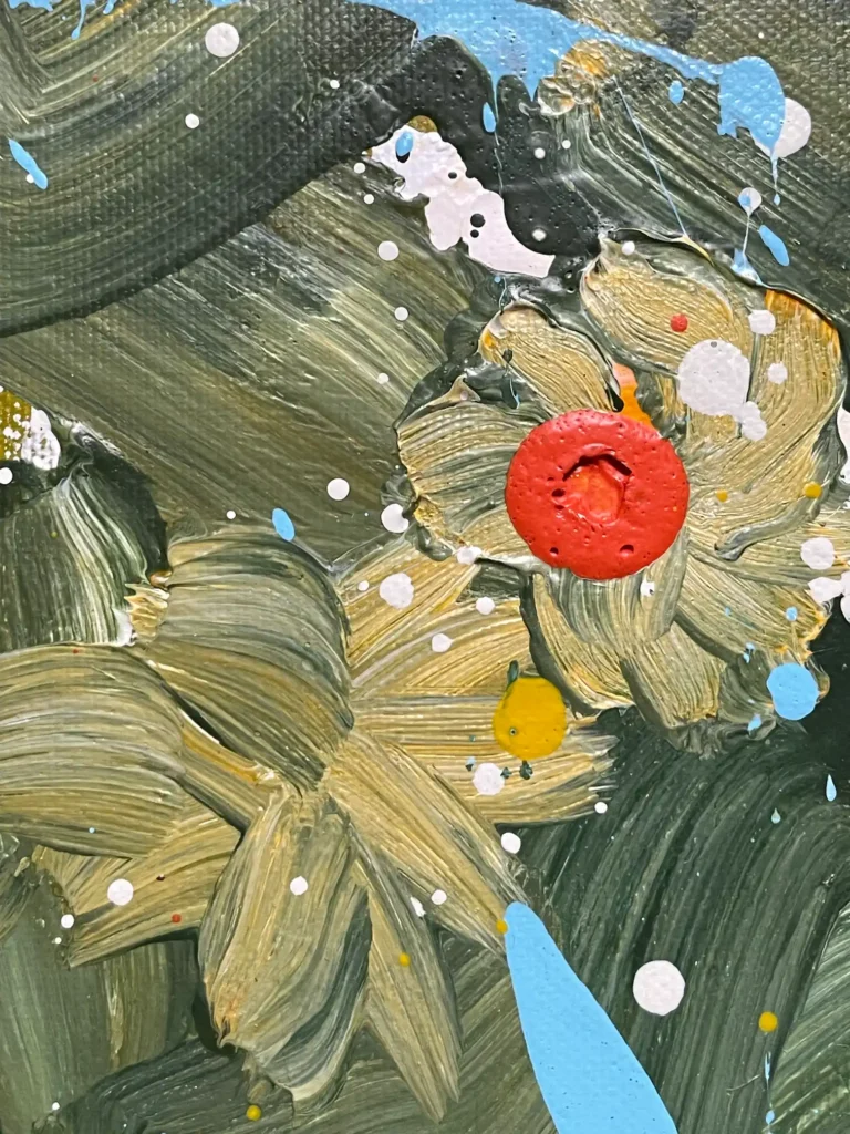 Macro detail of Midnight Bloom original acrylic painting auction lot highlighting textured acrylic surface