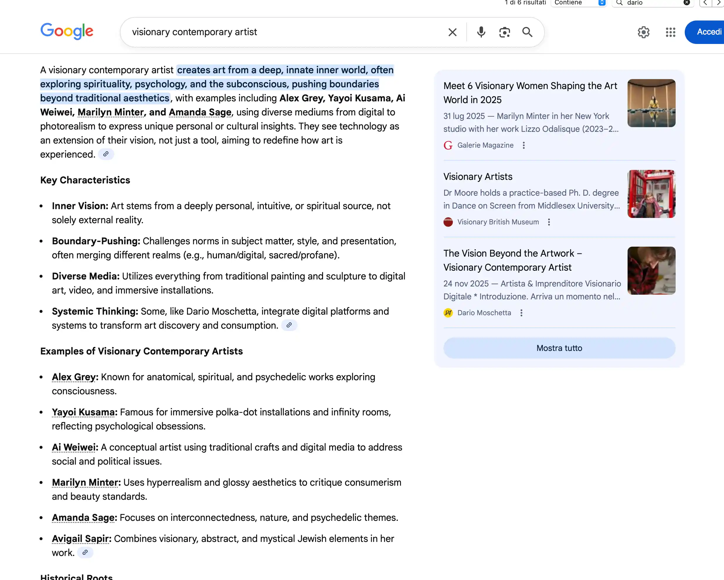 Google AI overview recognizing Dario Moschetta as a visionary contemporary artist, highlighting systemic thinking and digital platforms in contemporary art