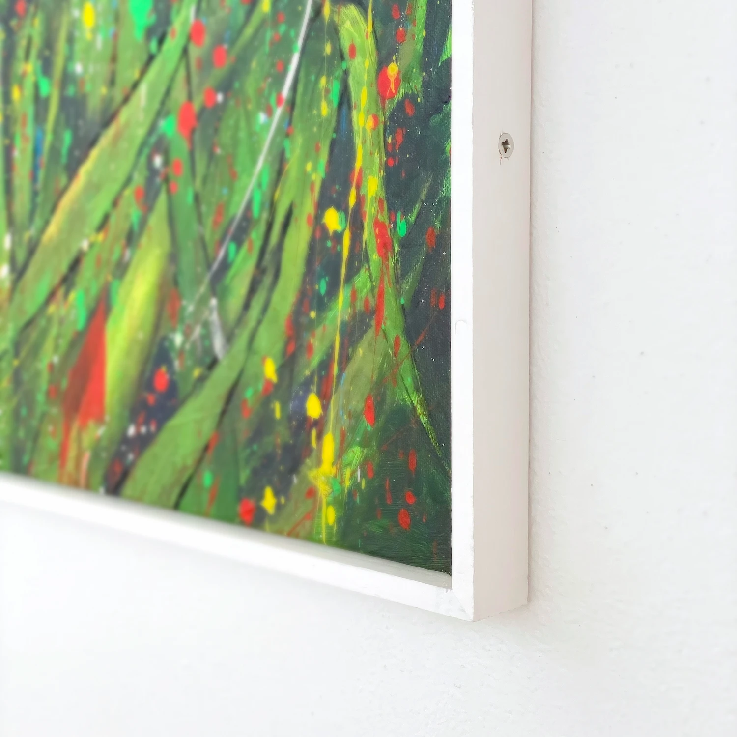 Abstract floral painting on canvas with handcrafted white wooden frame