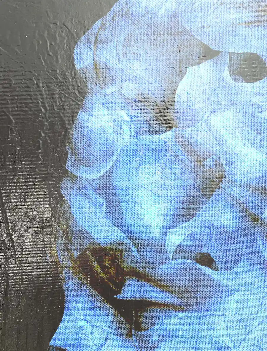 Detail of female face in blue abstract portrait painting Blooming Mind