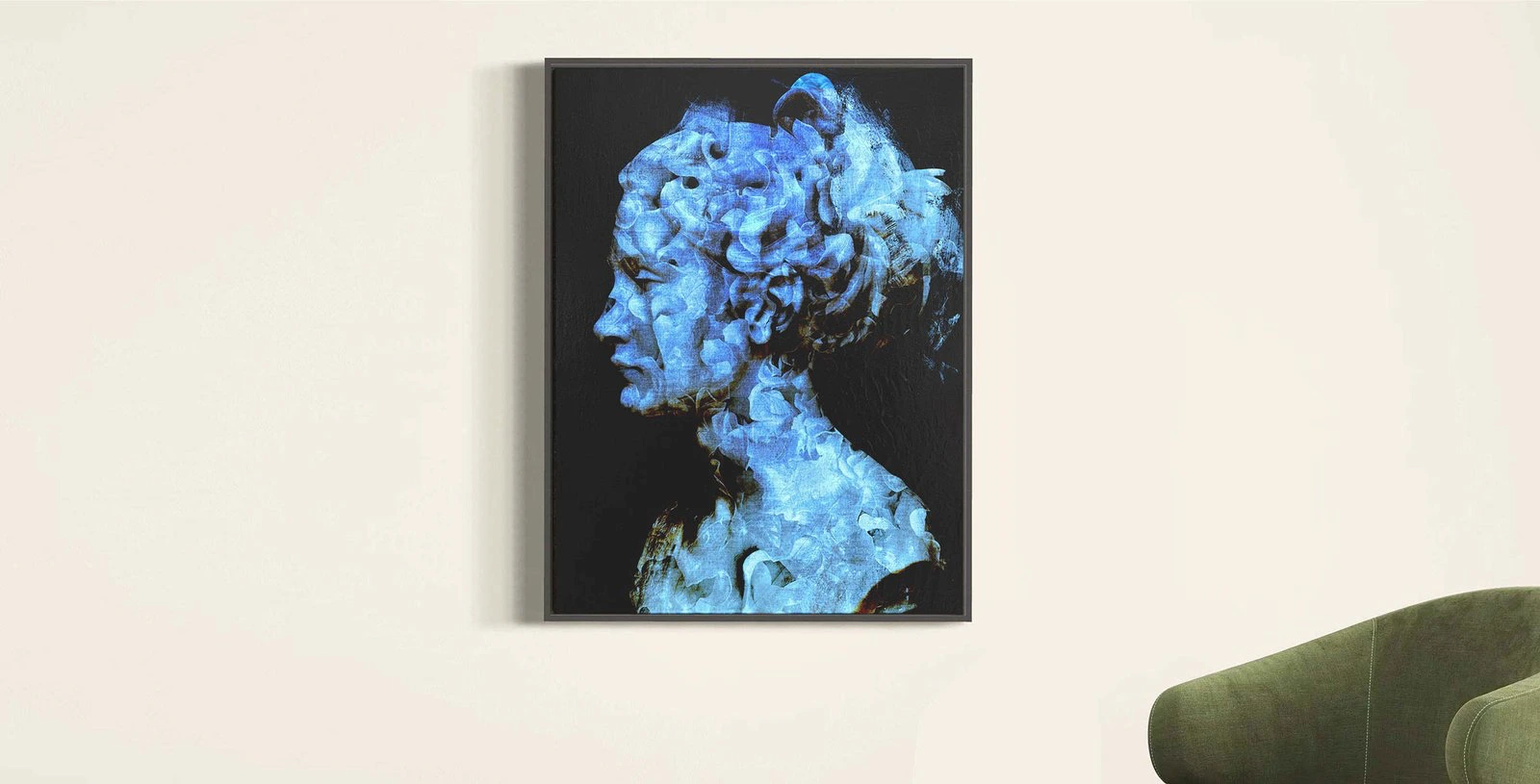 Blooming Mind blue abstract female portrait painting displayed on wall