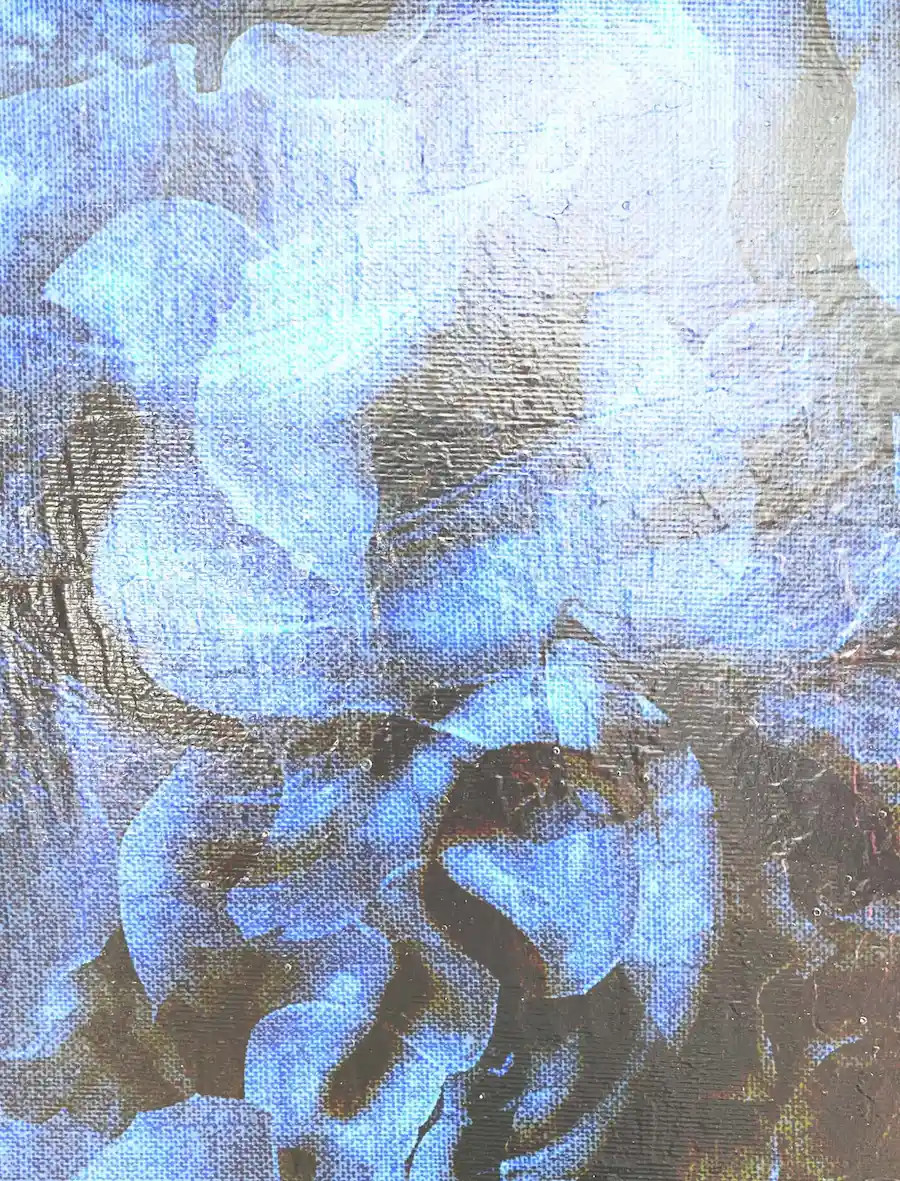 Texture detail of mixedmedia on canvas in Blooming Mind blue portrait painting