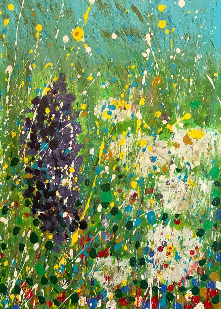 Natural Collision, original abstract acrylic painting with green background and violet floral forms by Dario Moschetta