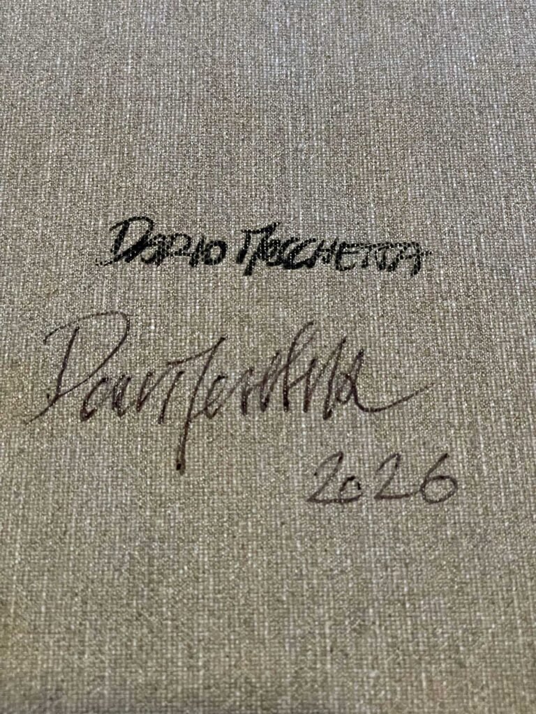 Signature and date on the back of Natural Collision abstract acrylic painting by Dario Moschetta