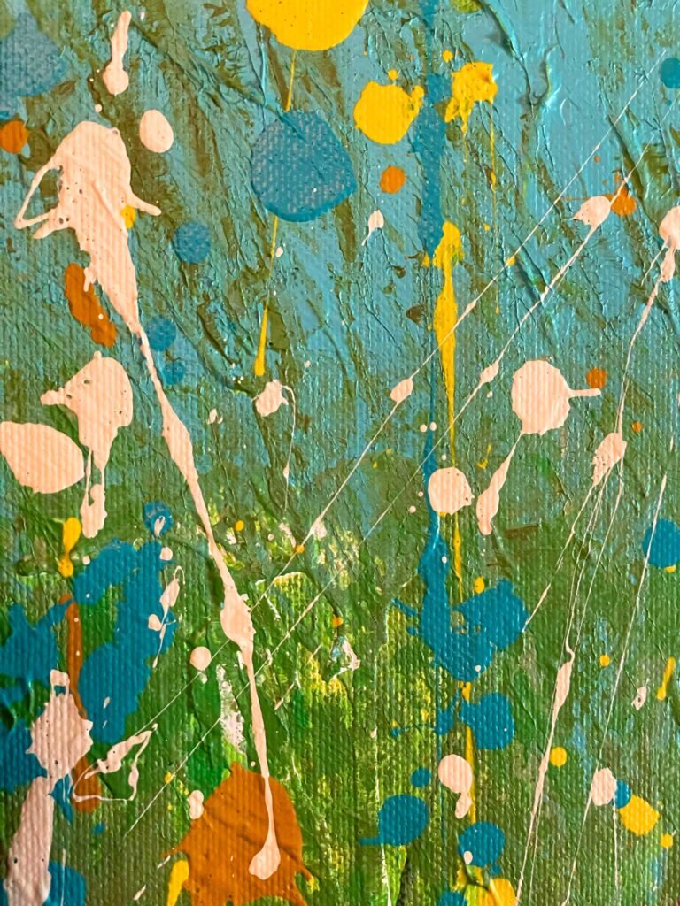 Detail of Natural Collision abstract painting showing dense brushwork and layered paint splashes