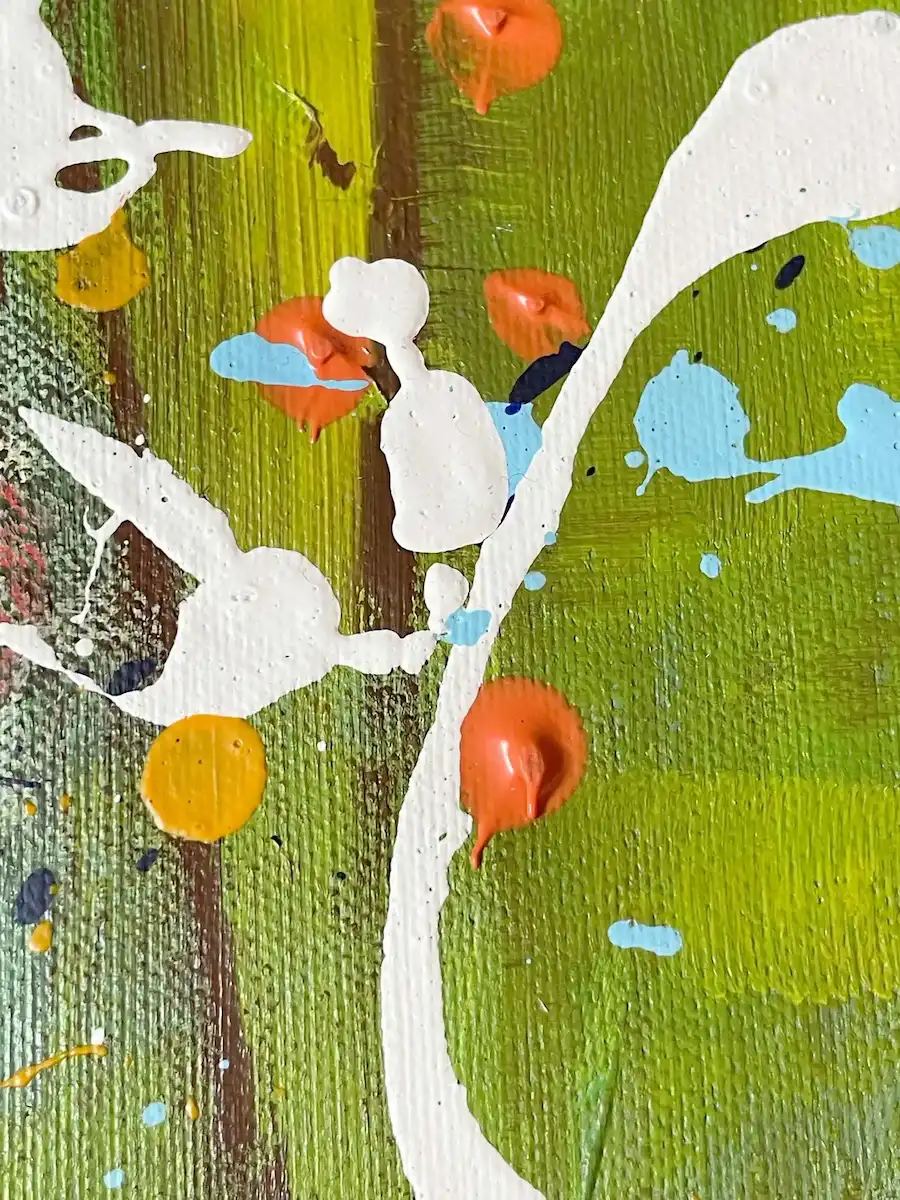 Original abstract floral painting detail – green background texture and layered acrylic splashes from Traces of Light