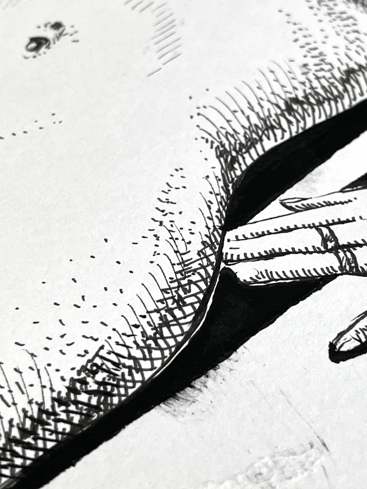 Original female nude ink drawing on paper detail showing layered line technique