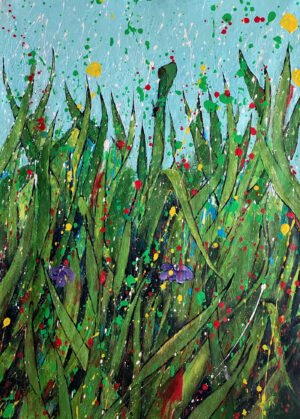 Rising Bloom, original abstract acrylic painting with vertical green forms and light blue background by Dario Moschetta