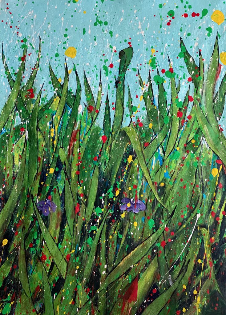 Rising Bloom, original abstract acrylic painting with vertical green forms and light blue background by Dario Moschetta
