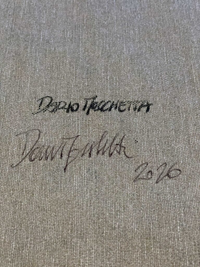 Signature and date on the back of Rising Bloom abstract acrylic painting by Dario Moschetta