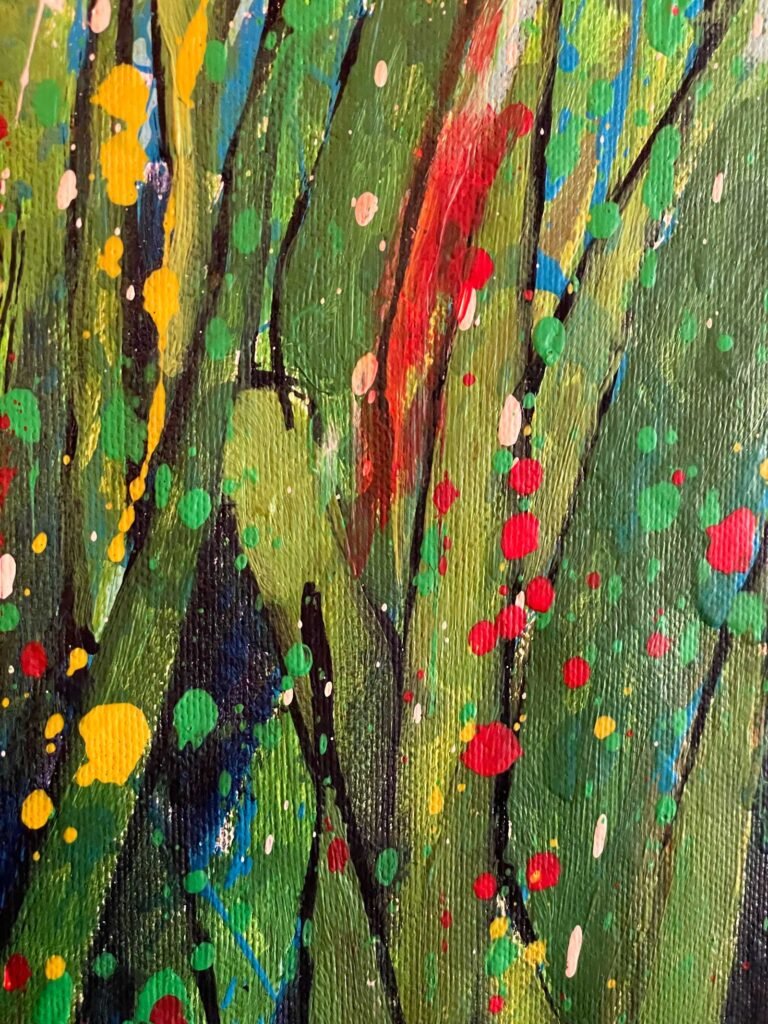 Abstract detail of Rising Bloom acrylic painting highlighting texture, gesture, and color movement