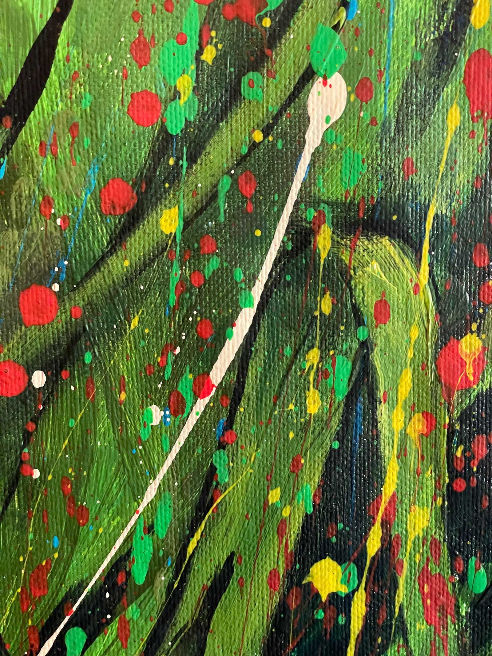 Close-up detail of Rising Bloom with vertical green forms and dynamic paint splashes