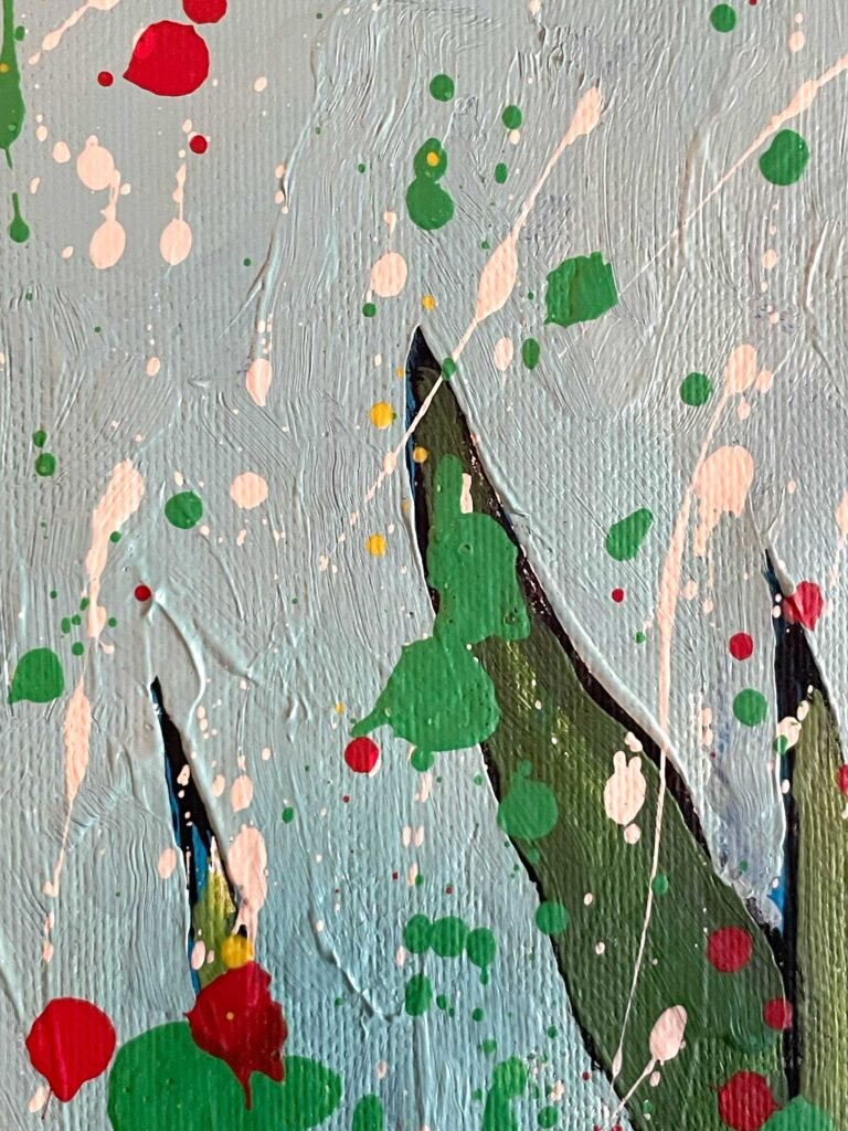 Detail of Rising Bloom abstract painting showing layered green brushwork and splashes of color