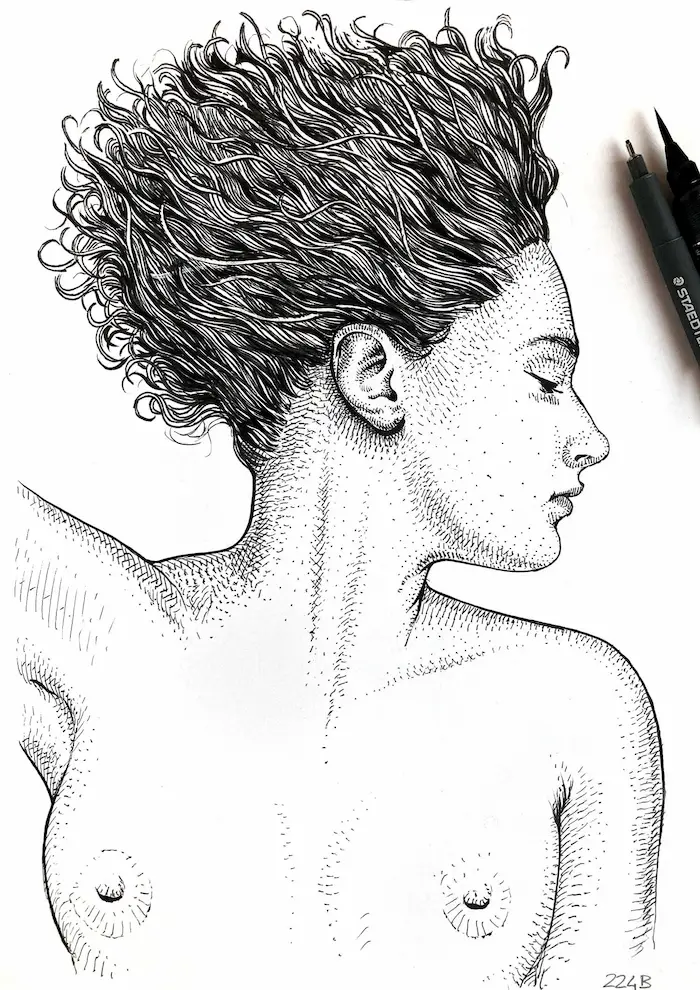 female portraits ink drawing by Dario Moschetta
