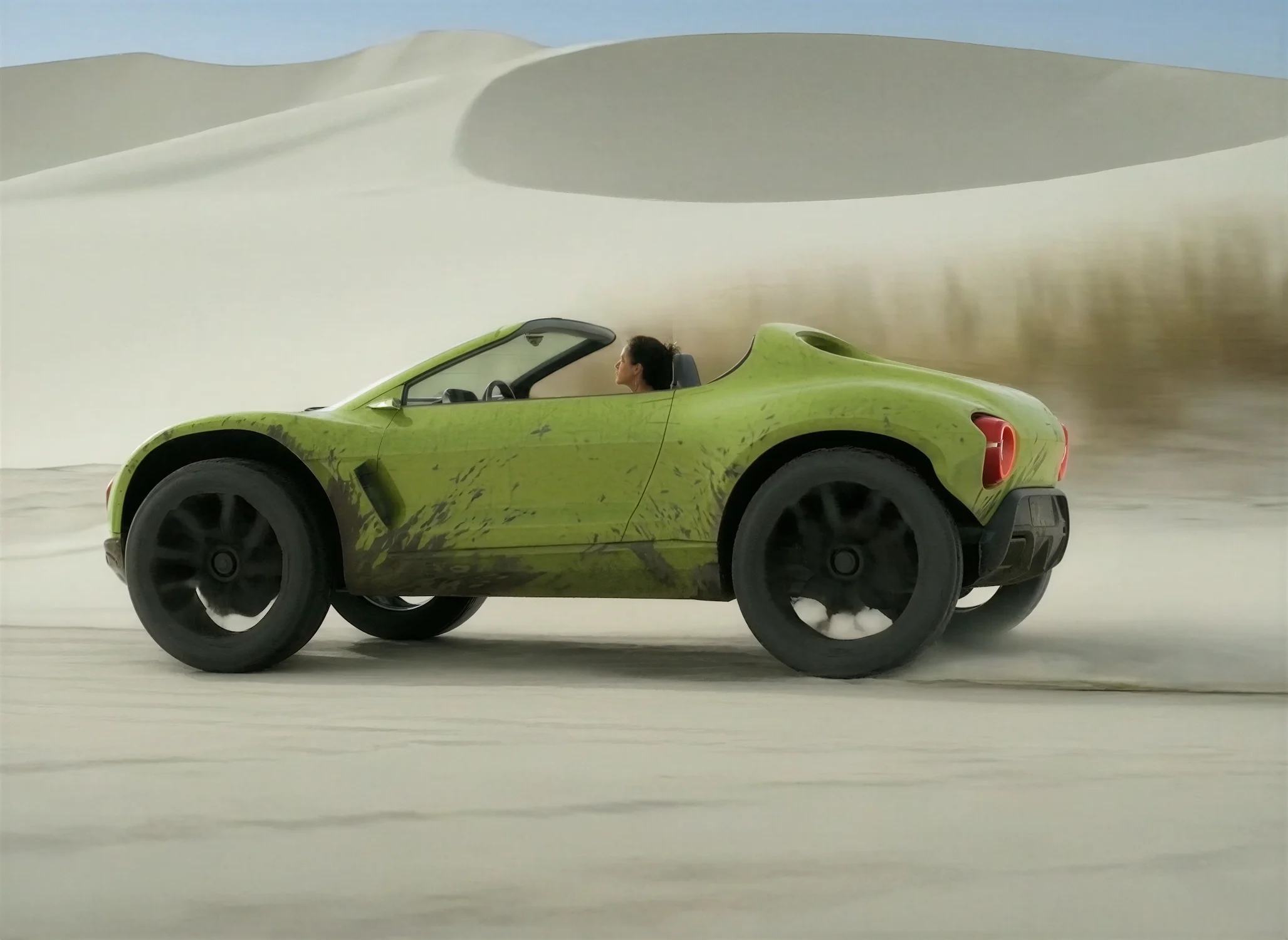 AI automotive design concept car driving through desert environment experimental vehicle motion study