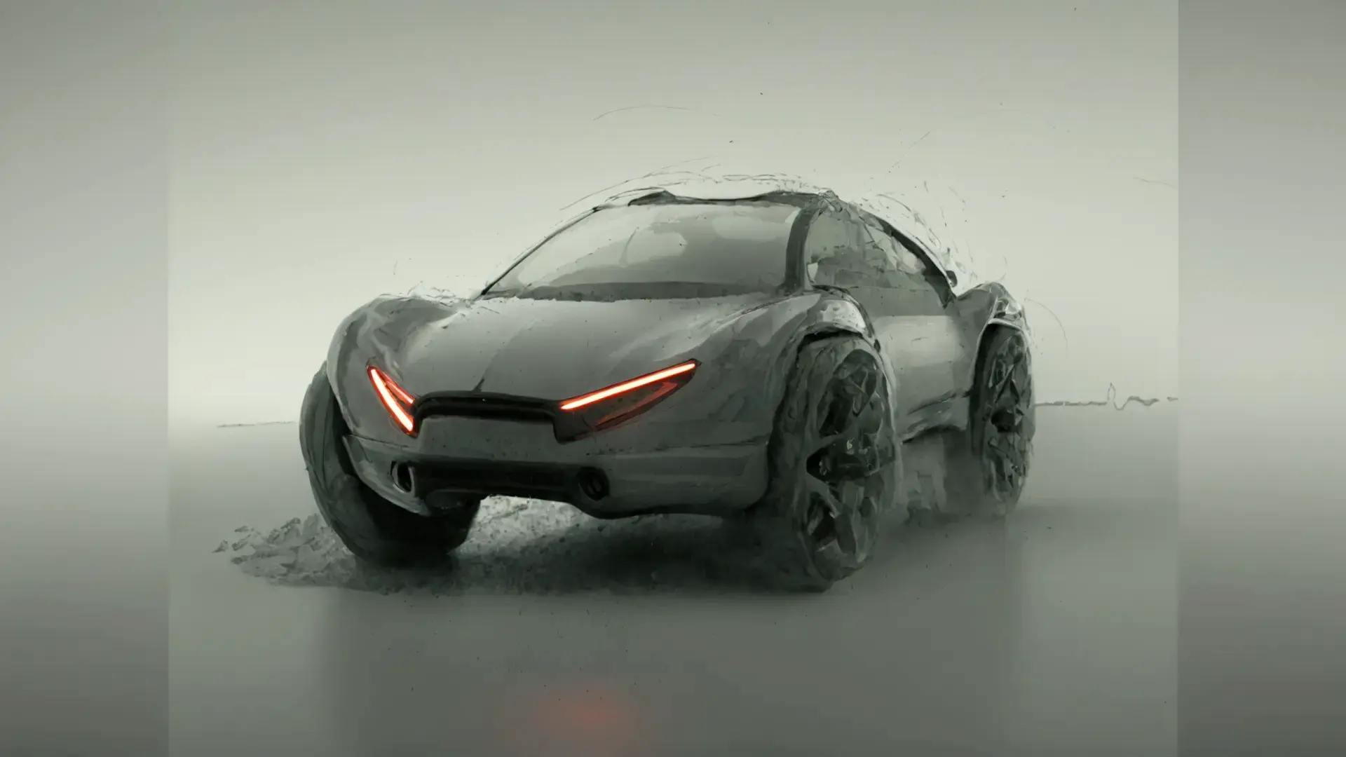 AI automotive design concept sketch showing front view experimental car design with sculptural surfaces