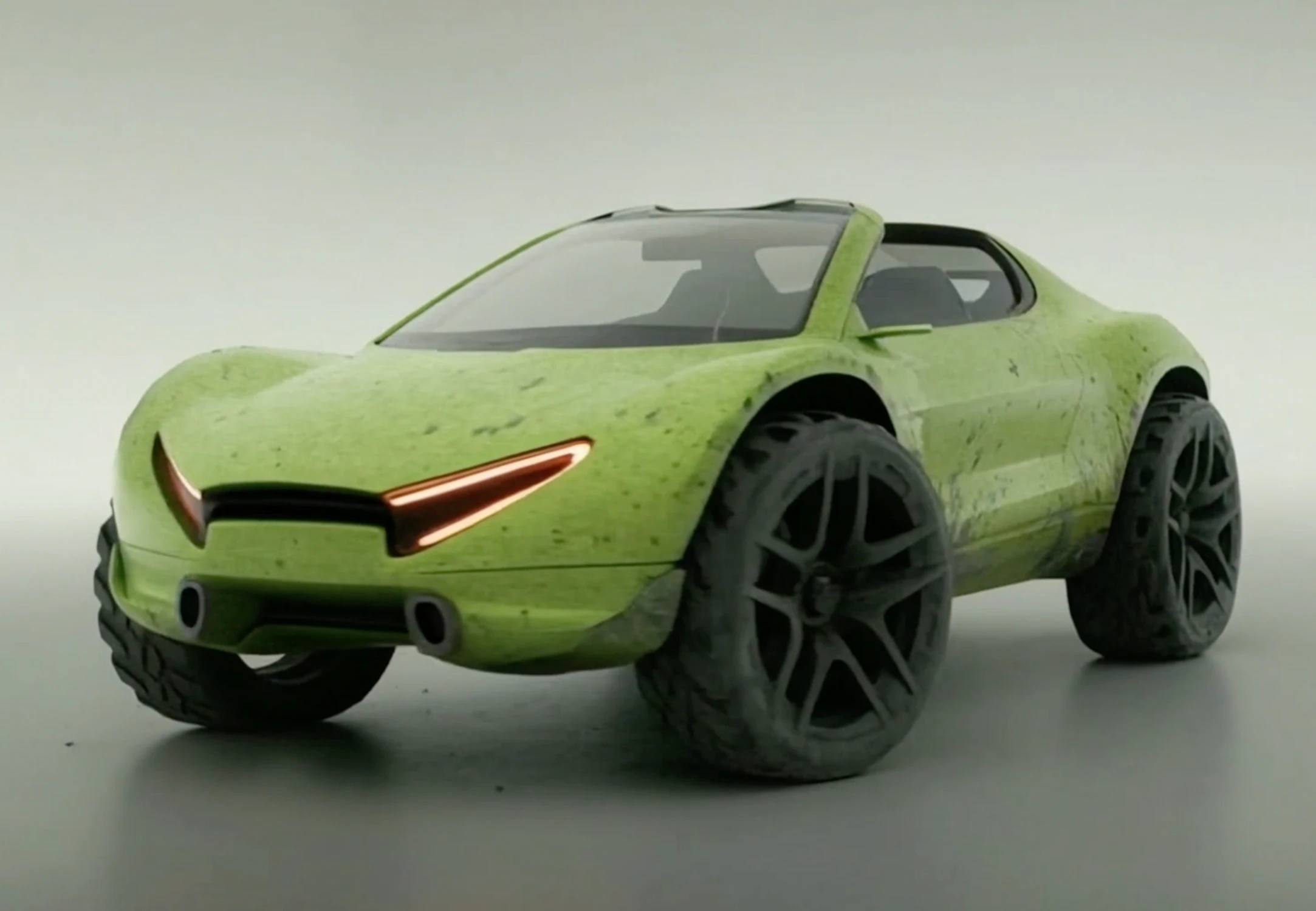 AI automotive design concept 3/4 fron view showing proportions and lighting design