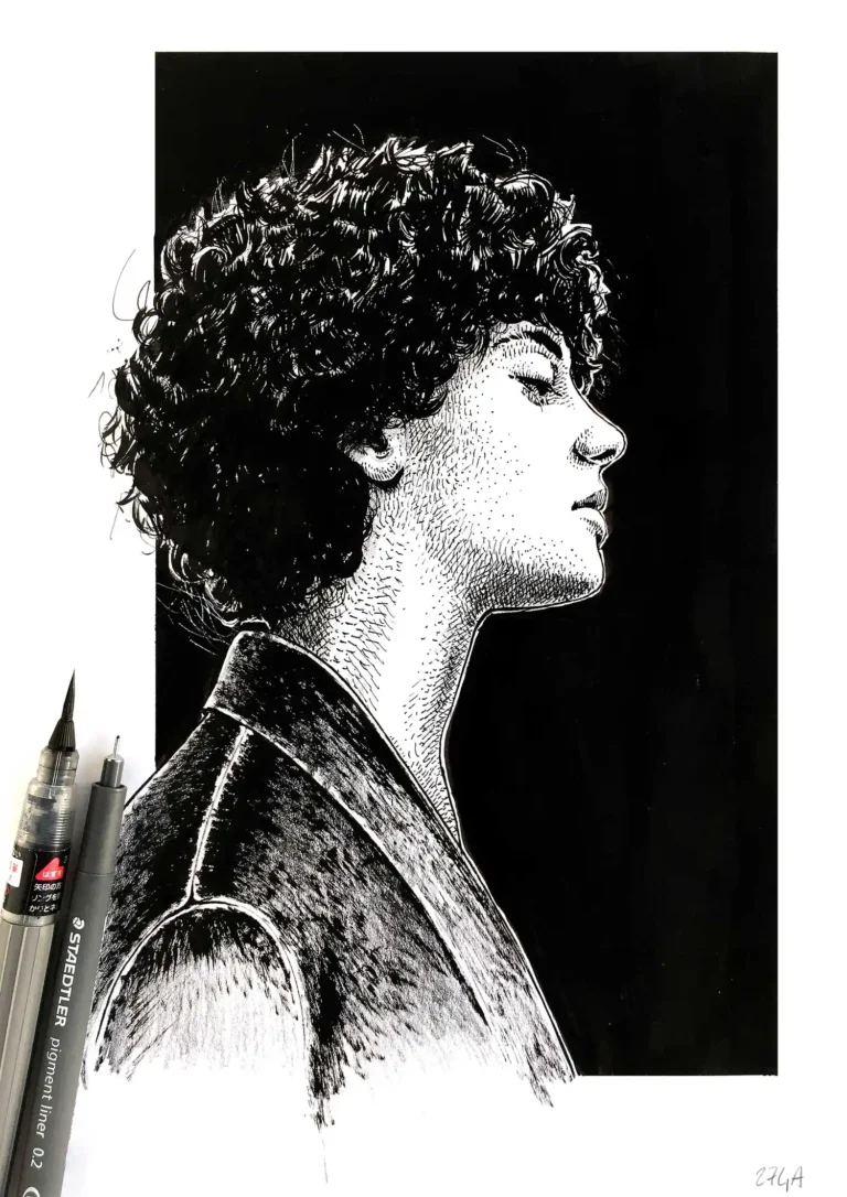 Black ink portrait drawing of a male profile on dark background, original artwork by Dario Moschetta