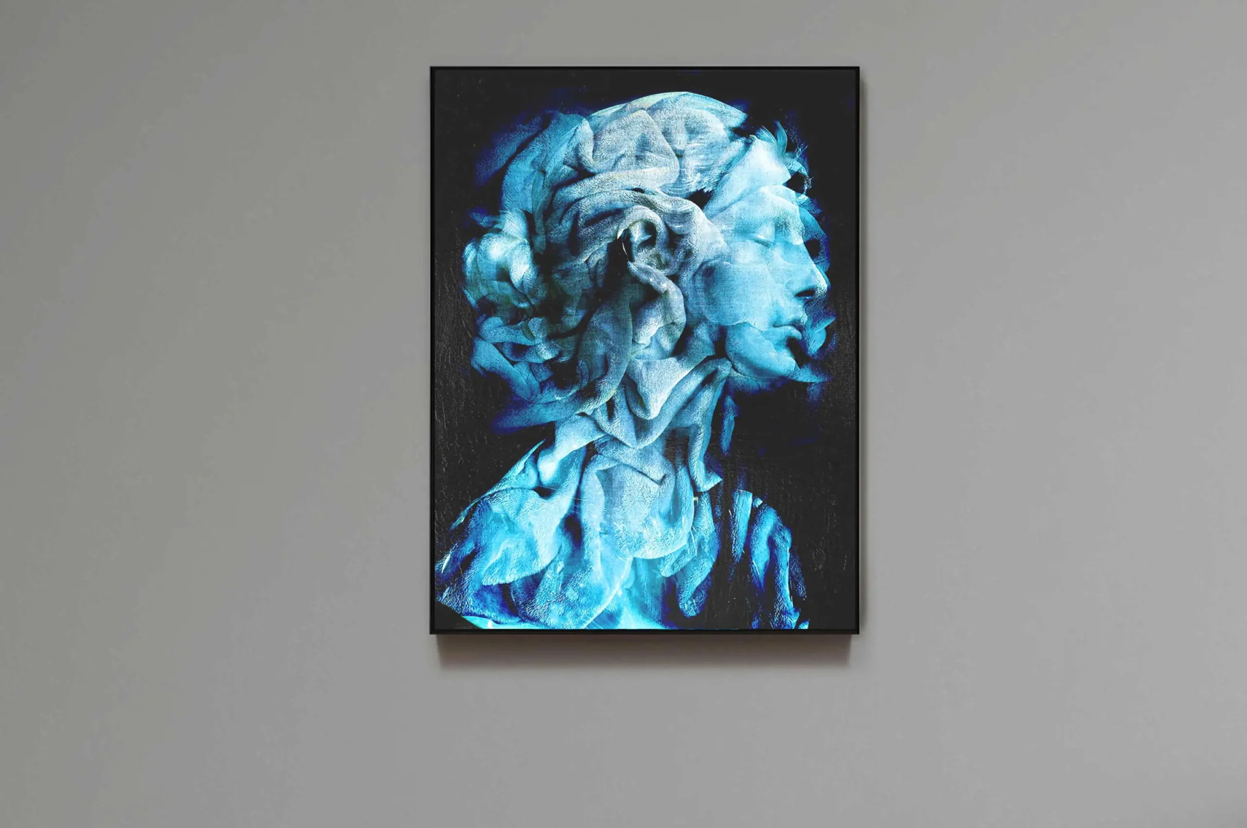 Blue abstract portrait painting Silent Weave, mixed media on canvas 60x80 cm by contemporary artist Dario Moschetta
