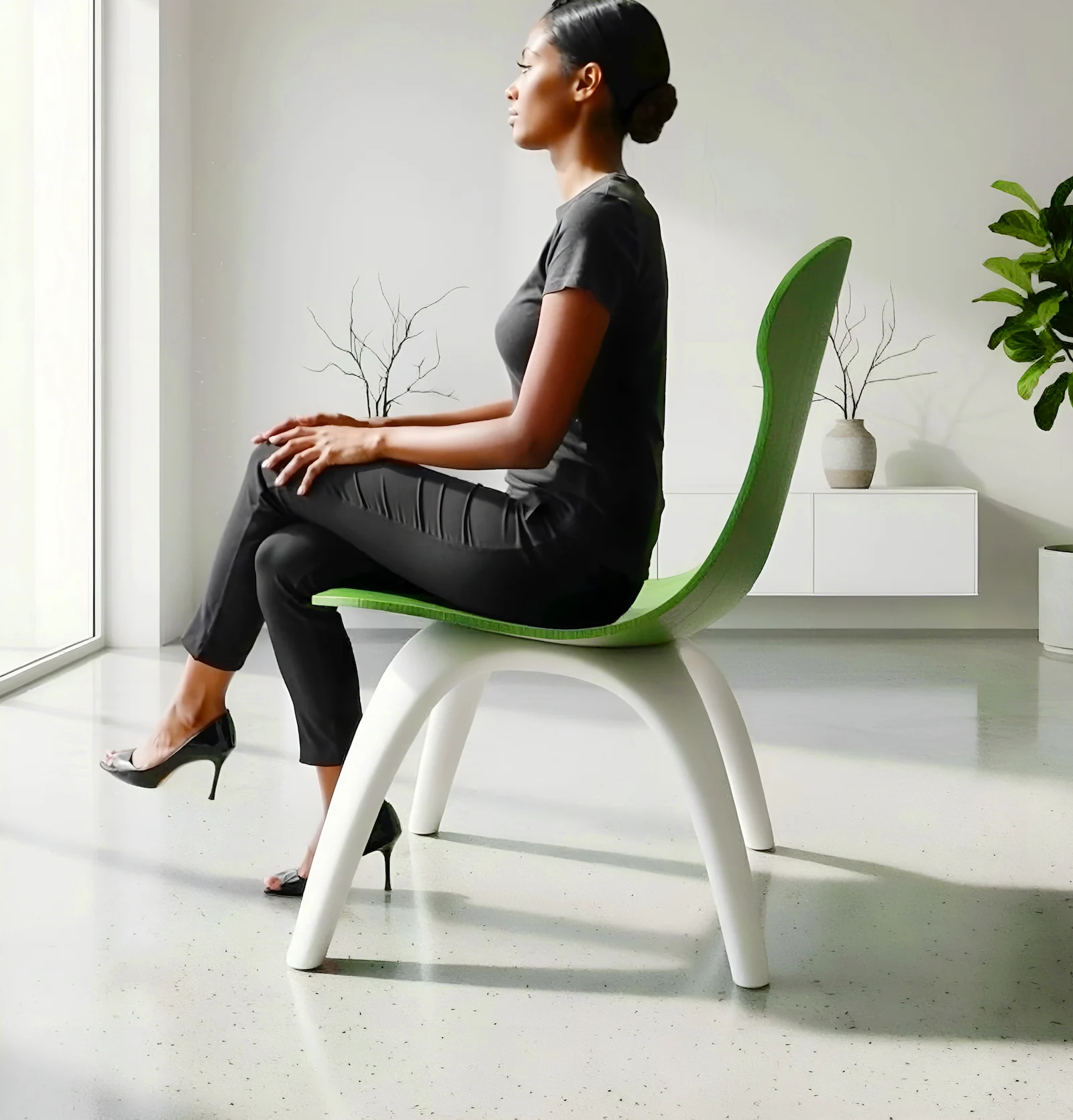 chair design concept ergonomic seat with curved backrest side view with person sitting
