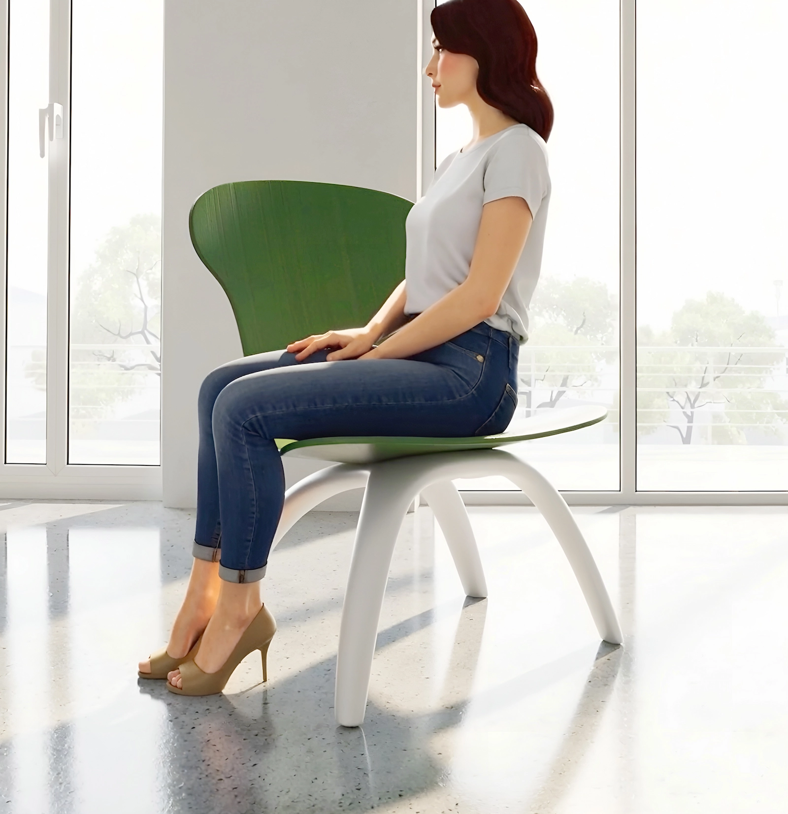 chair design concept modern ergonomic chair with curved structure side view with person