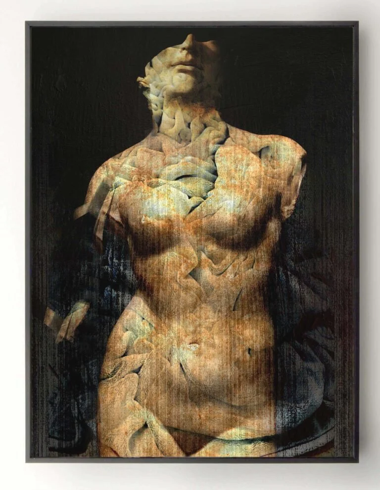 Contemporary Classical Nude Painting for Sale – Silent Remains mixed media artwork displayed on wall