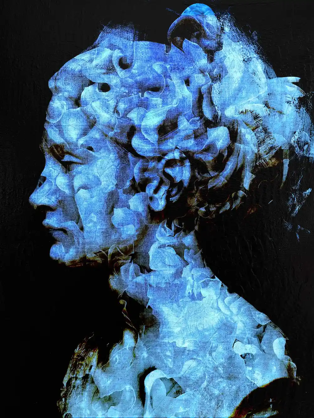 Blue contemporary mixed media painting on canvas, 60x80cm – classical bust reinterpretation by Dario Moschetta