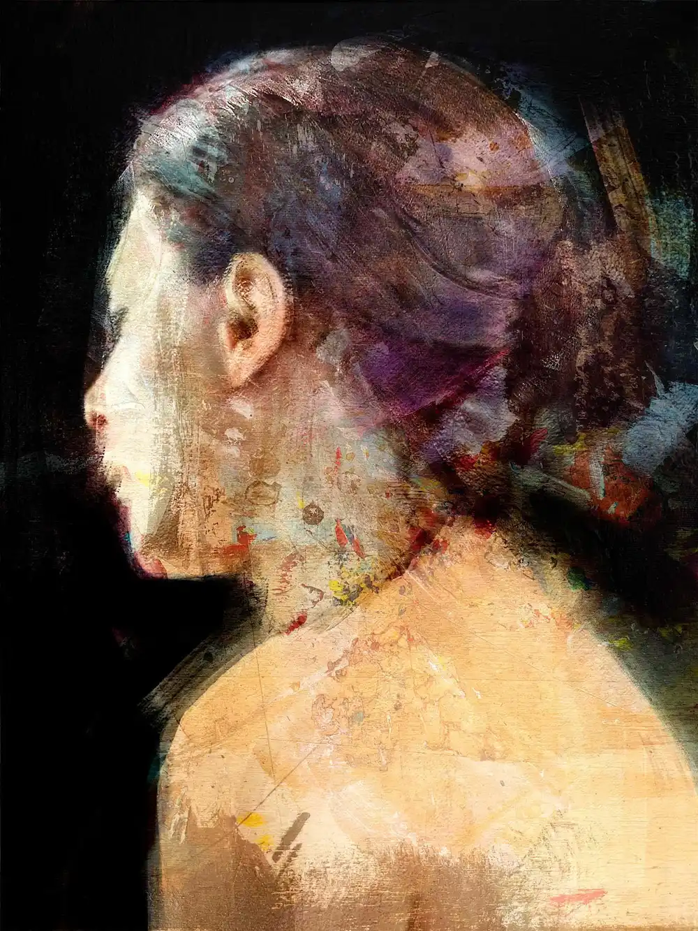 Contemporary mixed media portrait of a woman from behind, 60x80cm on canvas by Dario Moschetta