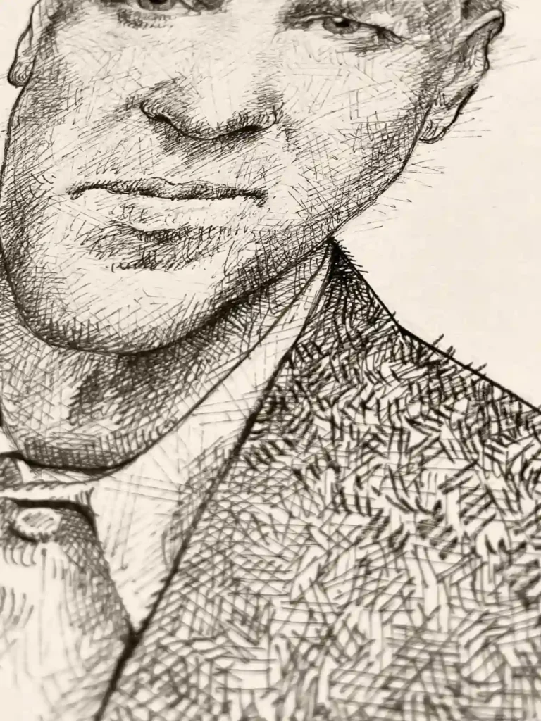 Detail of David Lynch portrait for sale showing texture and cross hatching technique