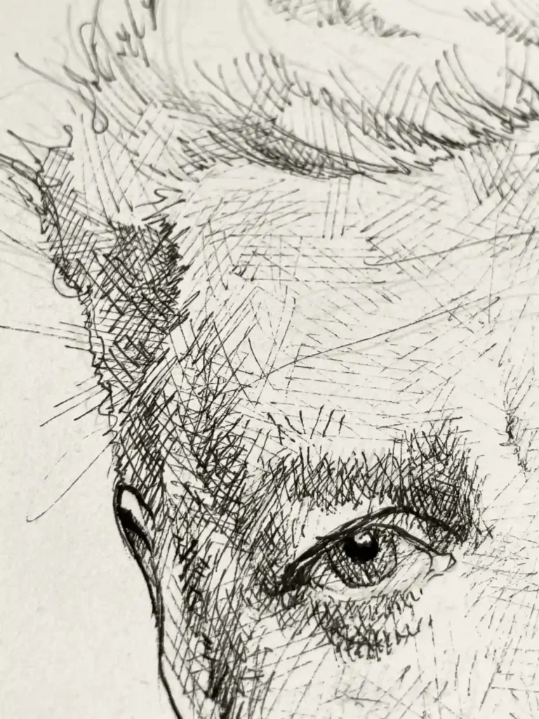 David Lynch portrait drawing detail close up of eye and ink line texture