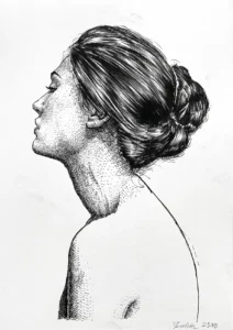 Female ink drawing for sale, profile portrait of a woman with detailed black ink shading on paper