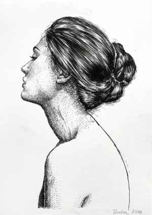 Female ink drawing for sale, profile portrait of a woman with detailed black ink shading on paper